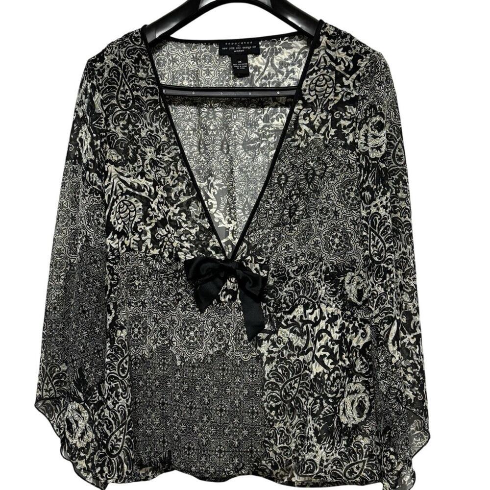 Womens Y2K Sheer Babydoll Black White Whimsy Goth Top 2X Cape Sleeve V-neck